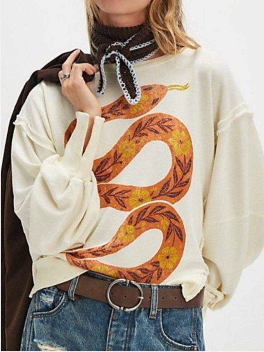 Free People NWT Camden Cream Floral Snake Graphic Oversized Sweatshirt size S